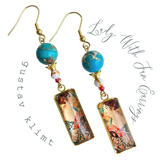 Lady with Fan Gustav Klimt Earrings Teal Stone Original Artisan Handmade Jewelry - Picture 3 of 7